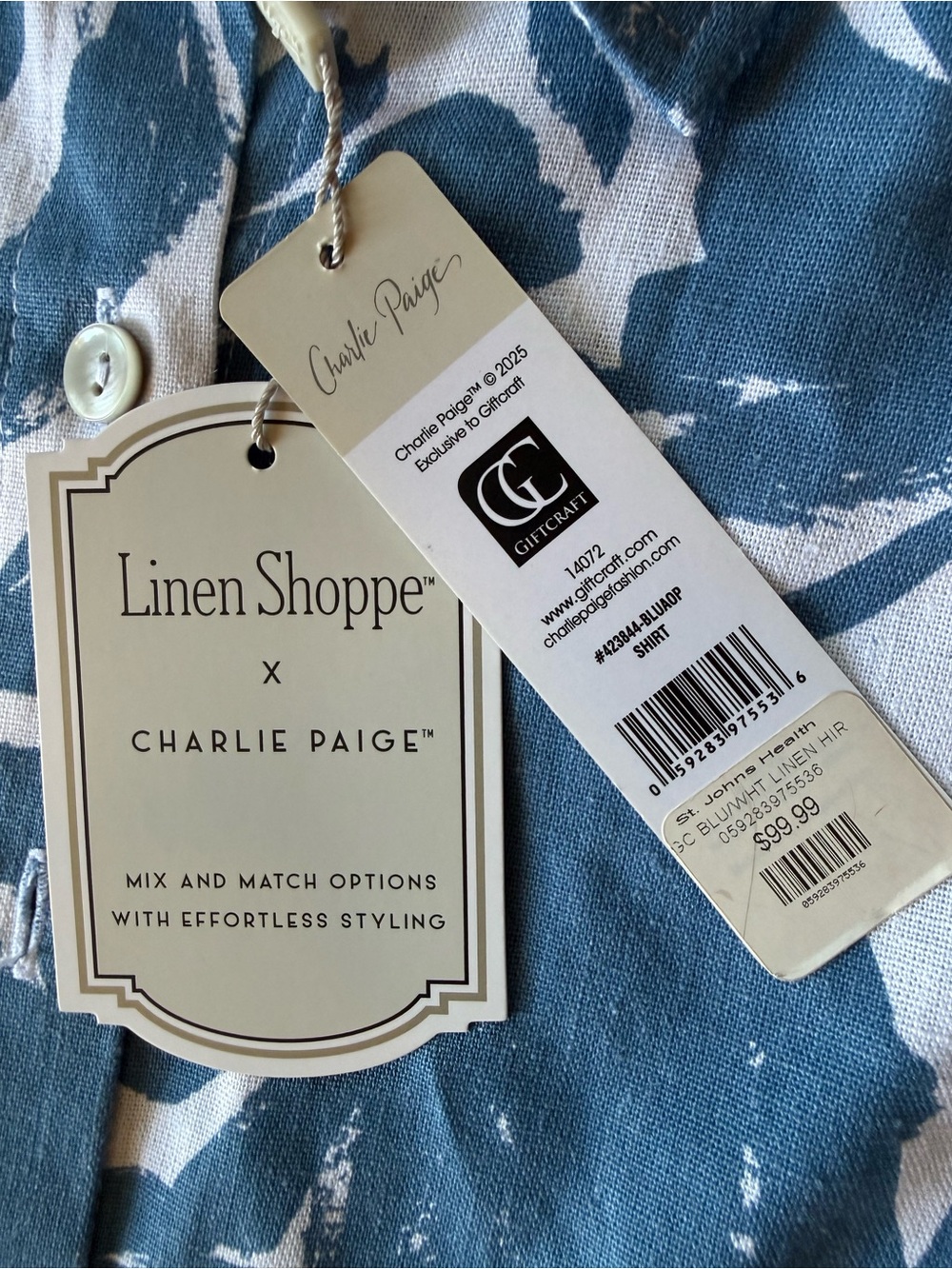 NWT Charlie Paige Blue Floral Button-Down Shirt linen viscose blend coastal S - Picture 4 of 8